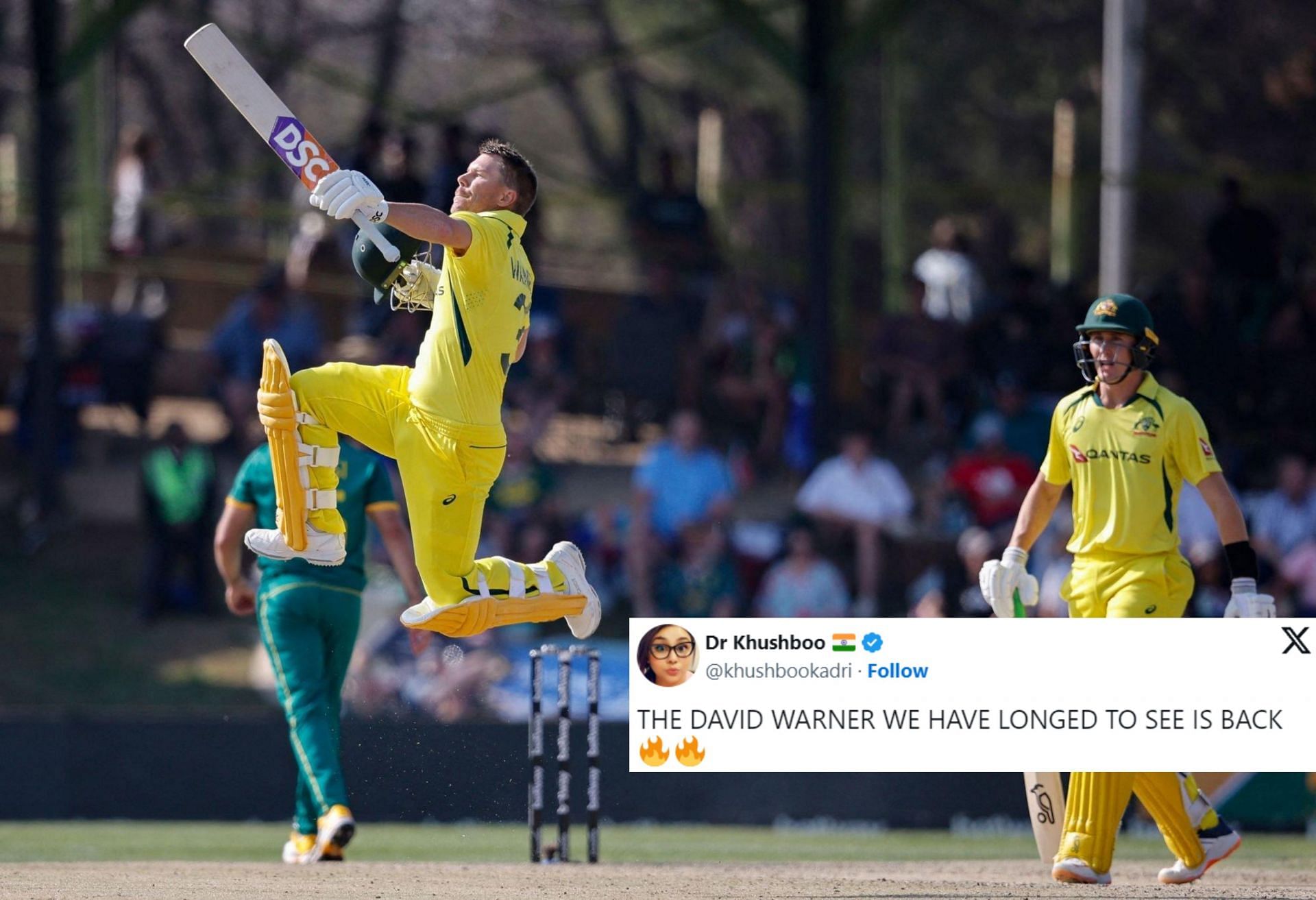 Fans react after David Warner hit a century on Saturday.