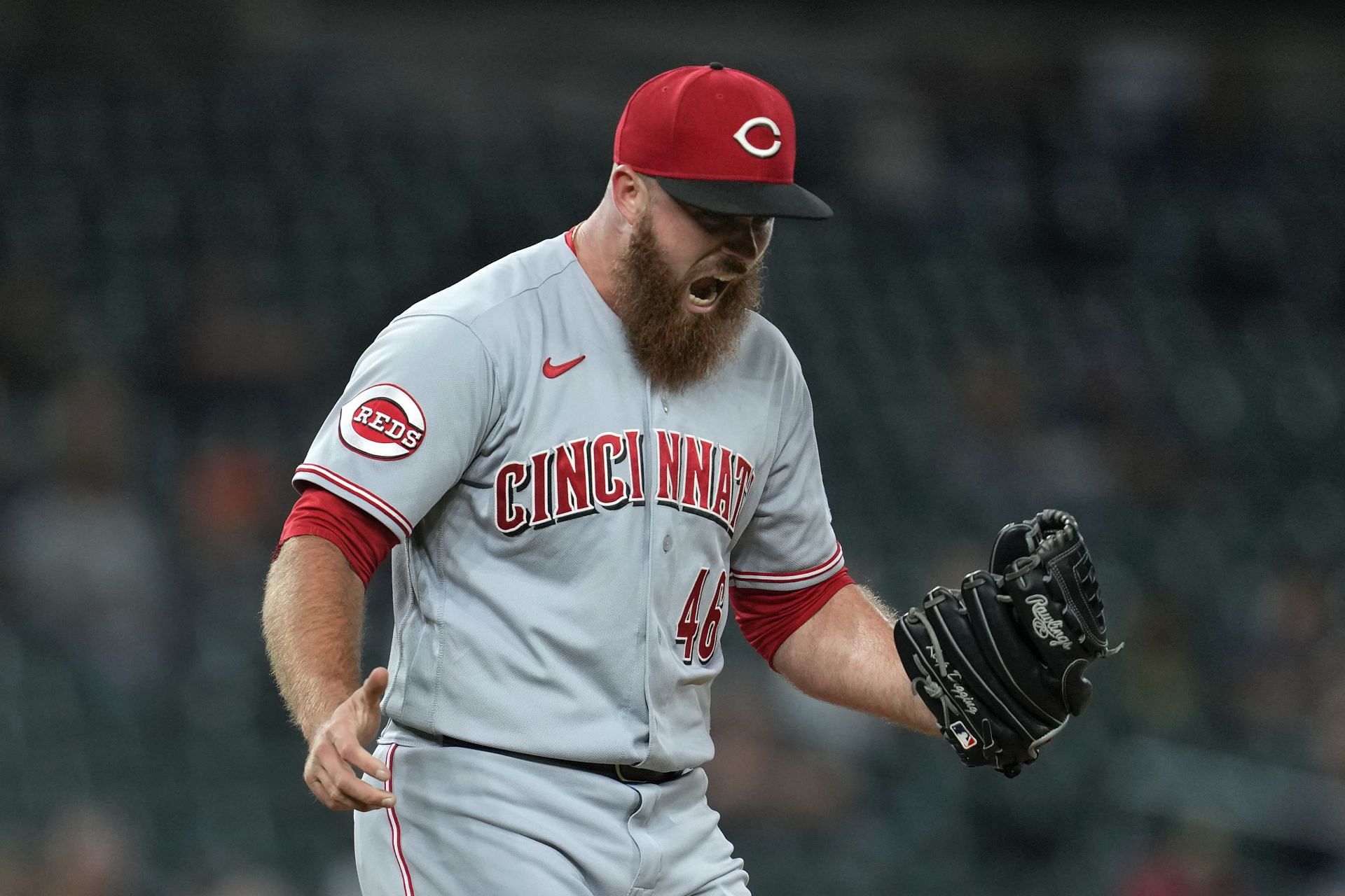 Cincinnati Reds relief pitcher Buck Farmer reacts to the final out against the Detroit Tigers at Comerica Park