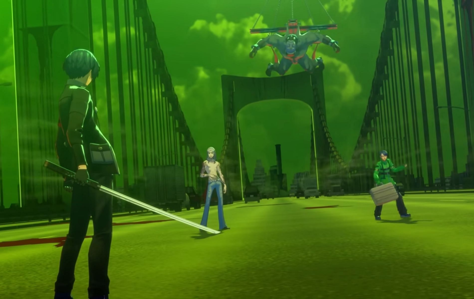 Screenshot from the official persona 3 Reload &quot;Conflicting Fates&quot; trailer featuring the protagonist against the Strega antagonistic group