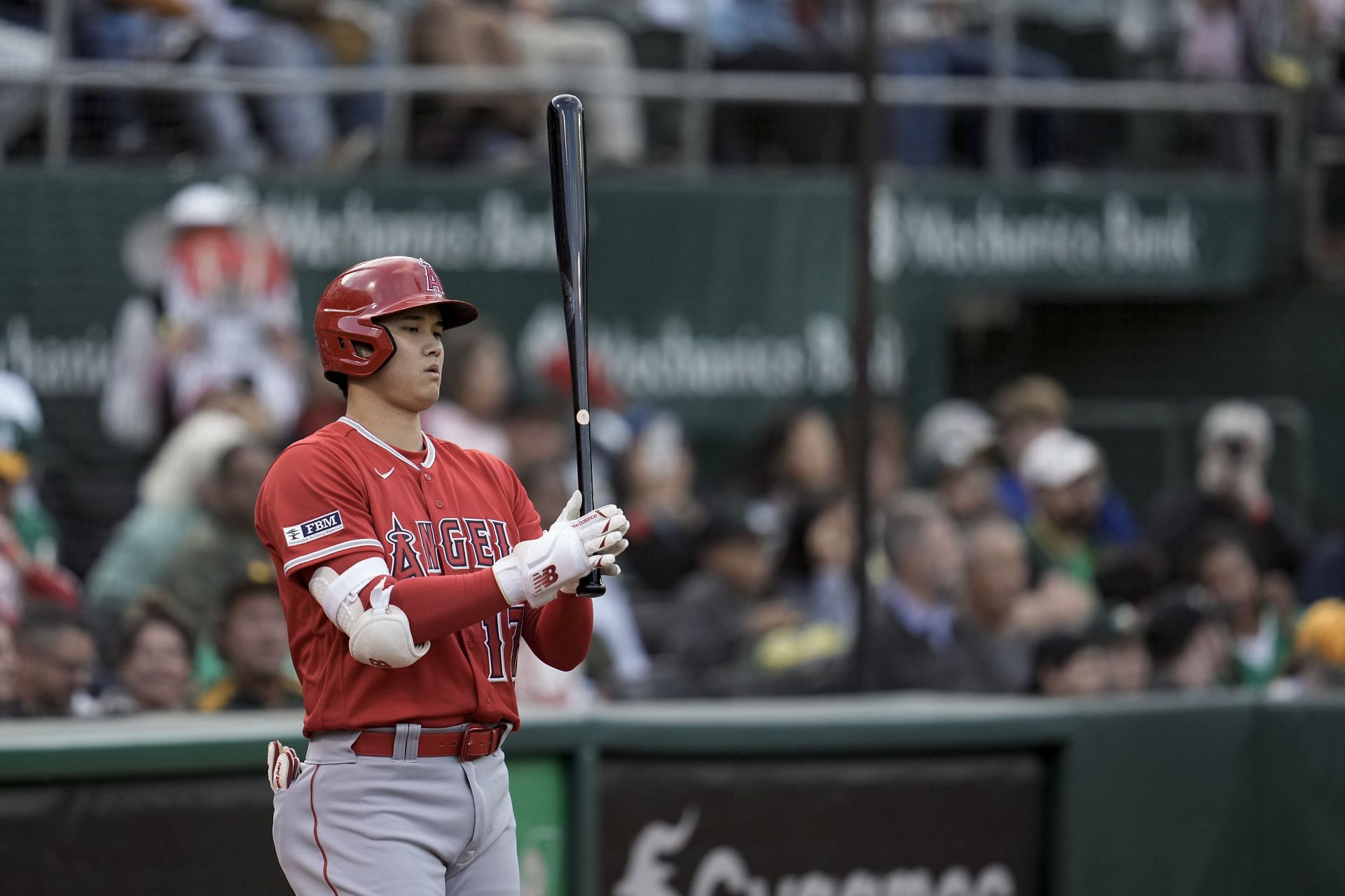 Los Angeles Angels&#039; Shohei Ohtani gets ready to bat against the Oakland Athletics in Oakland
