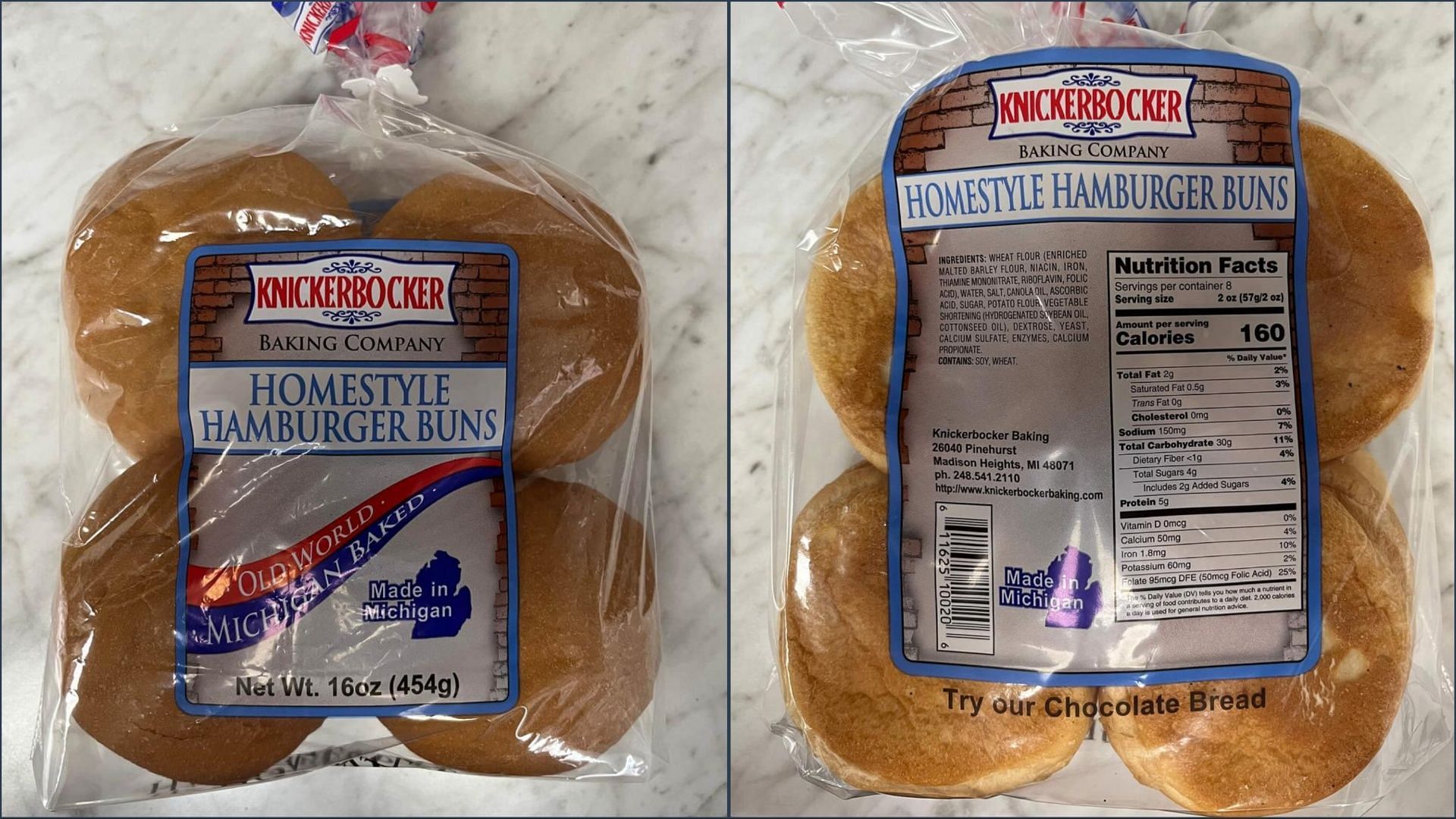 The recalled Knickerbocker Homestyle Hamburger Buns may be contaminated with undeclared milk allergens (Image via FDA)