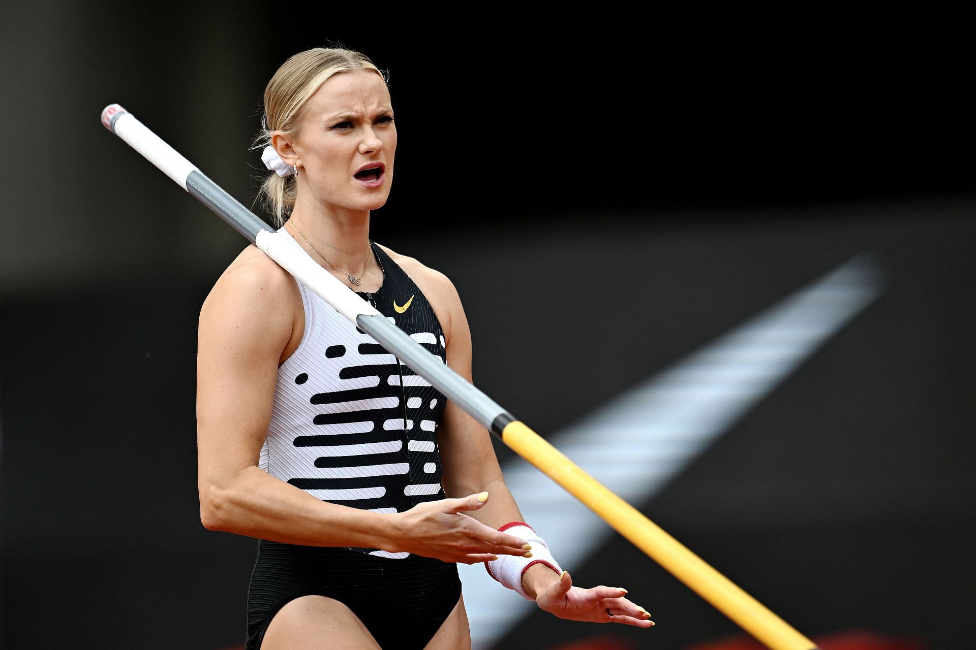 Katie Moon prepares for a jump at the London Athletics Meet, part of the 2023 Diamond League