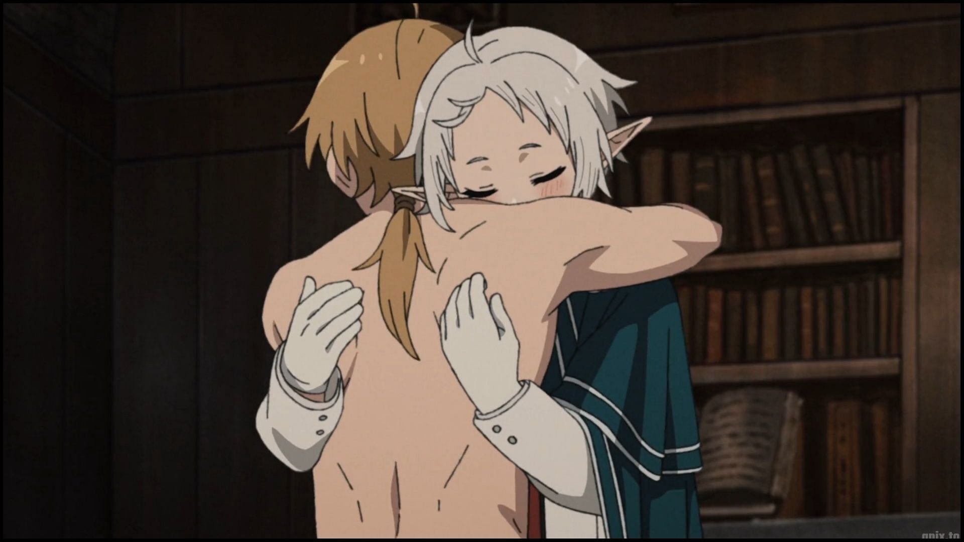 Rudeus hugs Sylphy after learning his illness has been cured, as seen in Mushoku Tensei Season 2 episode 12 (Image via Deen)