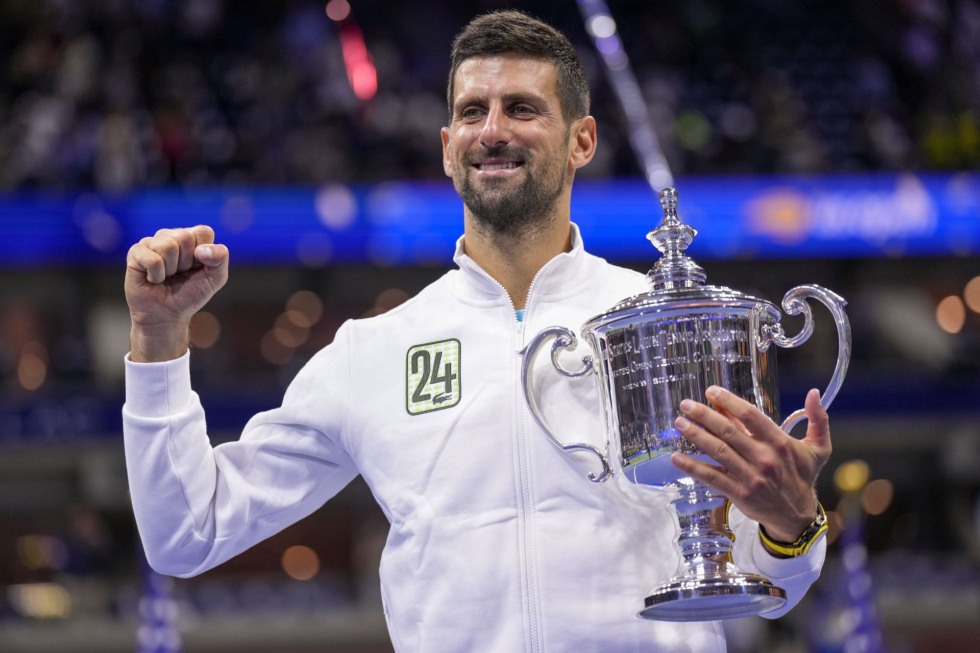 Novak Djokovic pictured with his US Open 2023 trophy