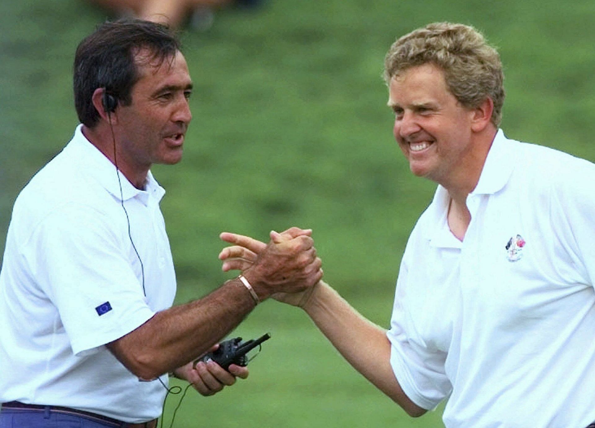 European Ryder Cup team captain Seve Ballesteros congratulates Scotland&#039;s Colin Montgomerie at the 1997 Ryder Cup