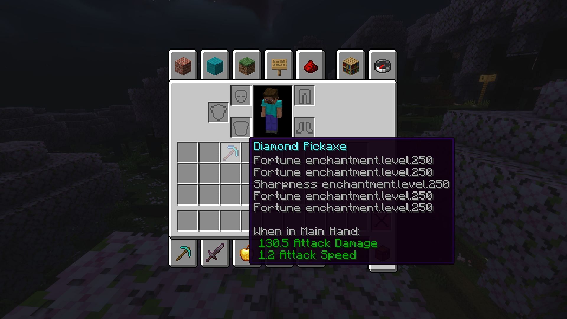 A pickaxe with Fortune 1000 and sharpness 250 (Image via Mojang)