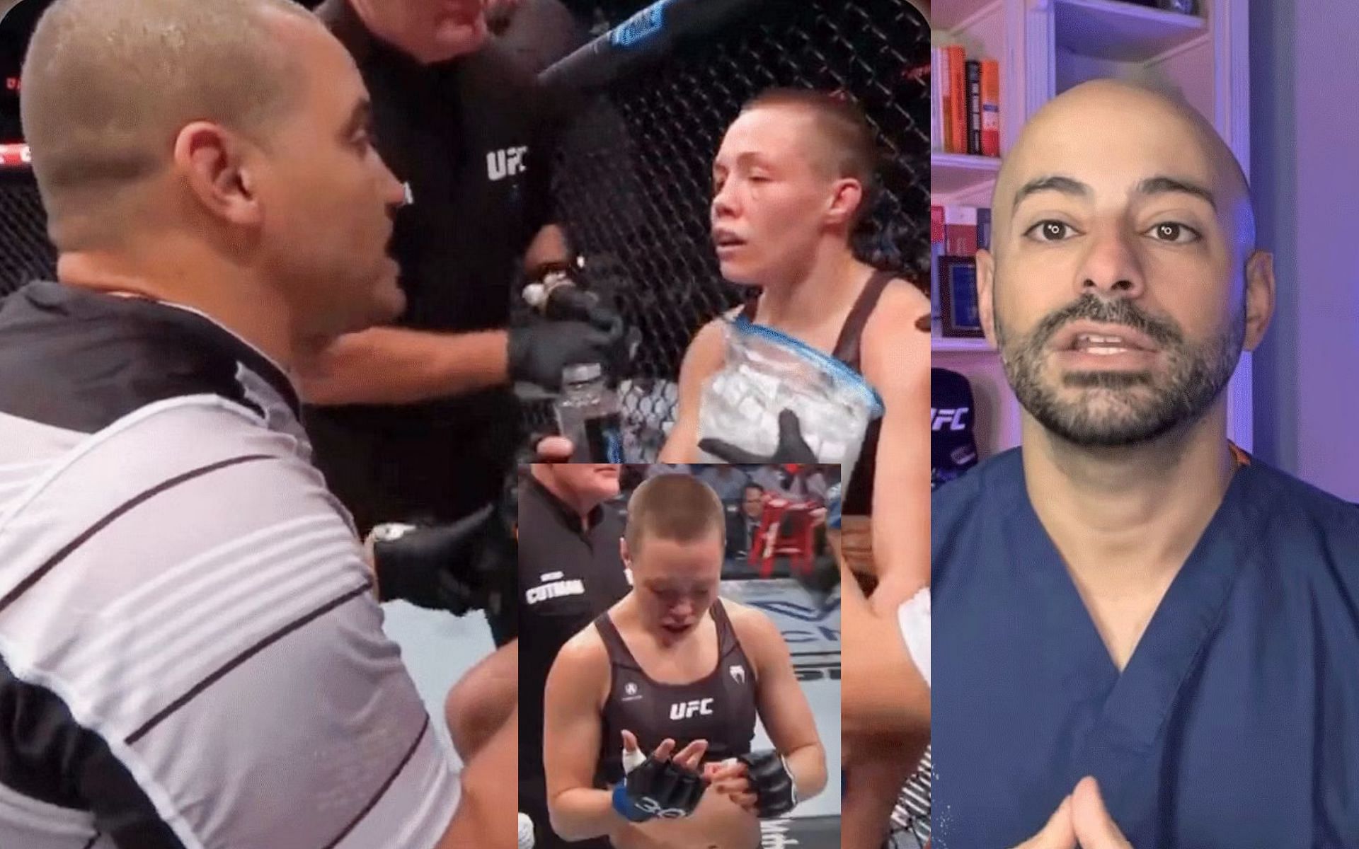 Pat Barry and Rose Namajunas (left and inset) and Dr David Abbasi (right). [via Twitter @InsideFighting and YouTube David Abbasi, MD]