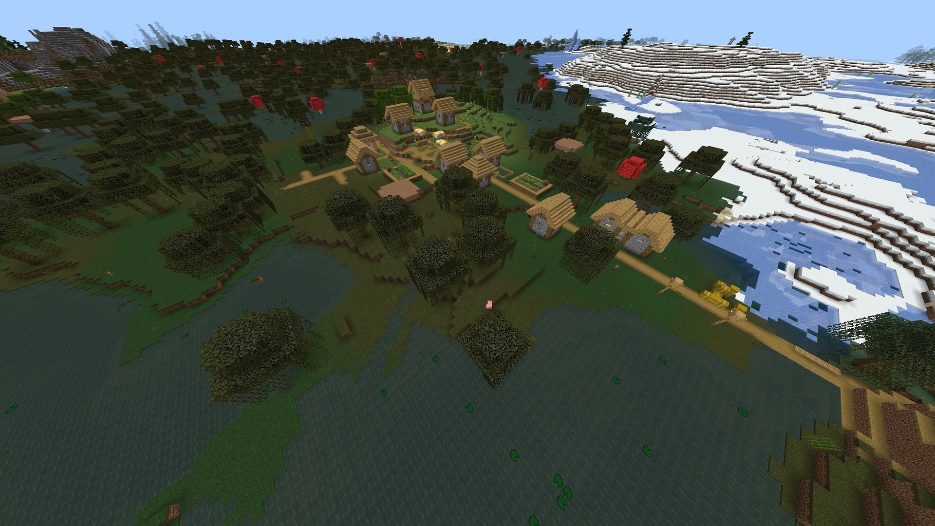 The village in this Minecraft seed is found in a particularly strange biome setup (Image via YourLocalKnight/Reddit)