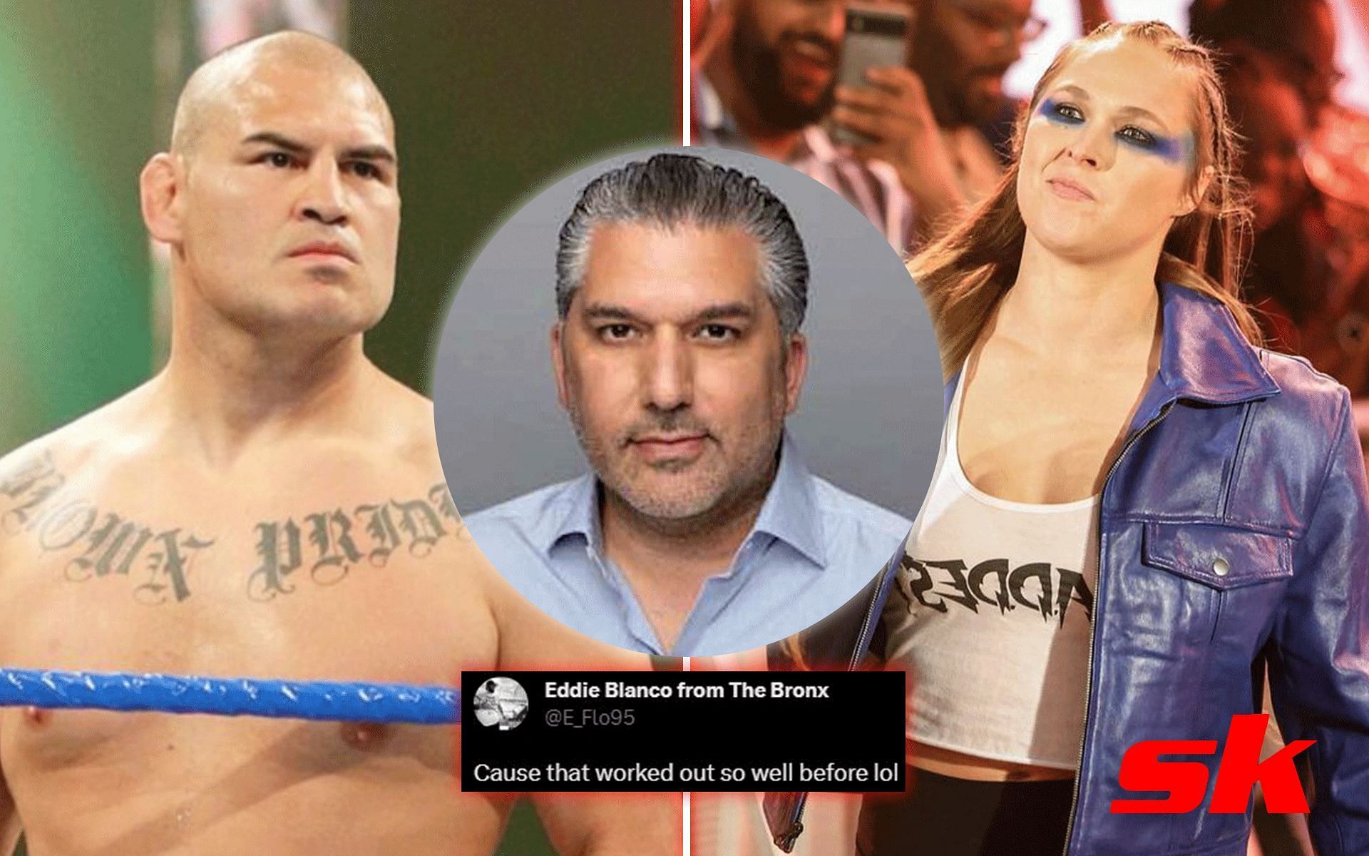 Cain Velasquez, Nick Khan and Ronda Rousey [Image credits: @WrestlingNewsCo and @WONF4W on Twitter and @rondarousey on Instagram] 