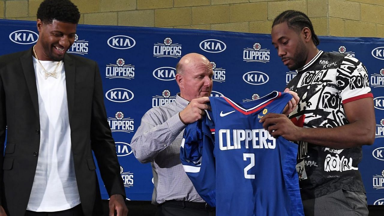 Steve Ballmer, LA Clippers team owner, with superstars Paul George and Kawhi Leonard