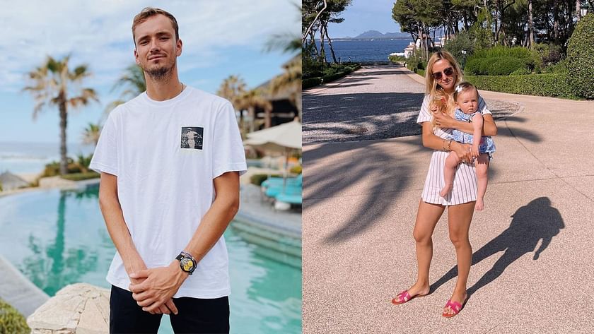 Daniil Medvedev poses for family portraits with wife Daria and baby