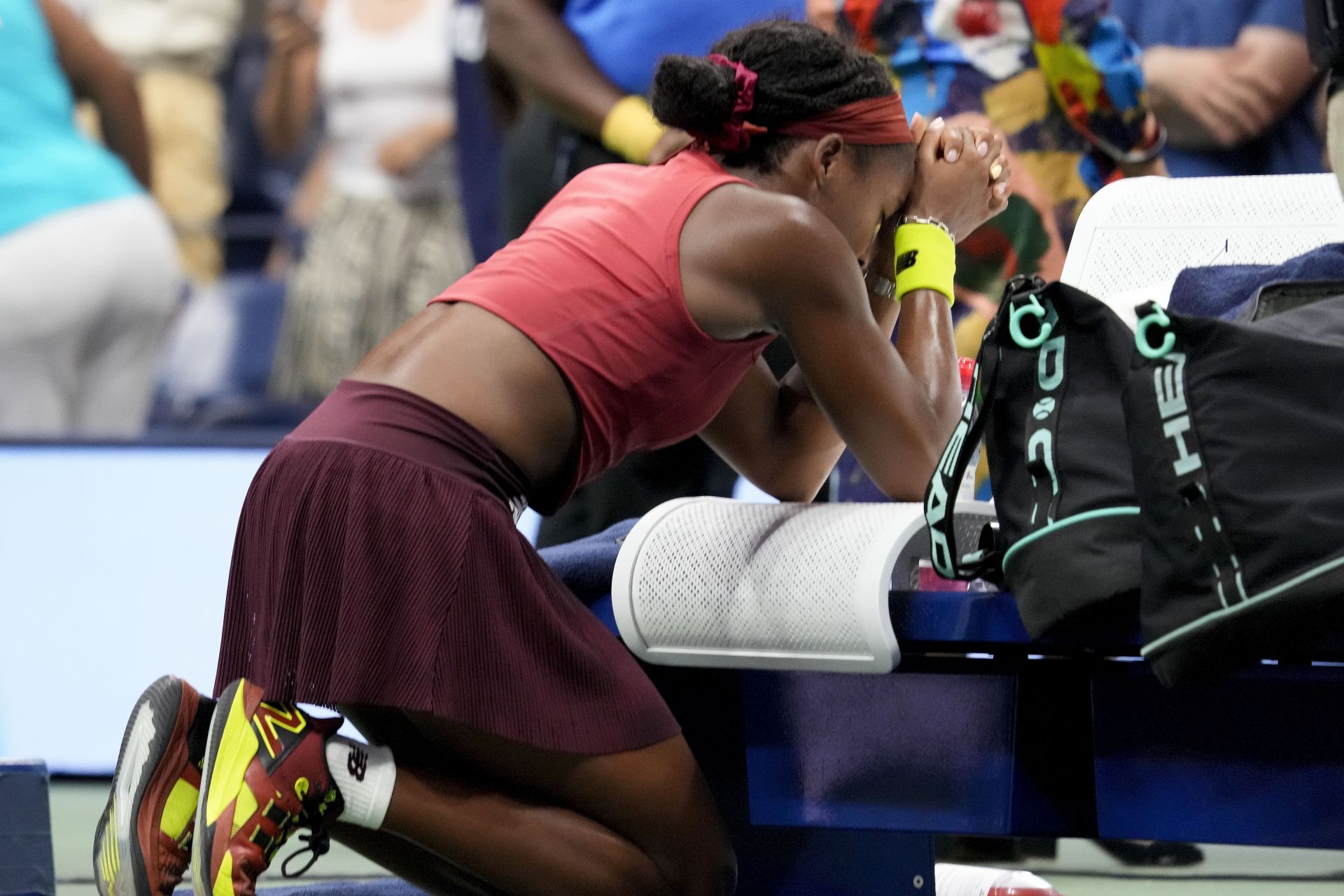 Coco Gauff praying at the 2023 US Open