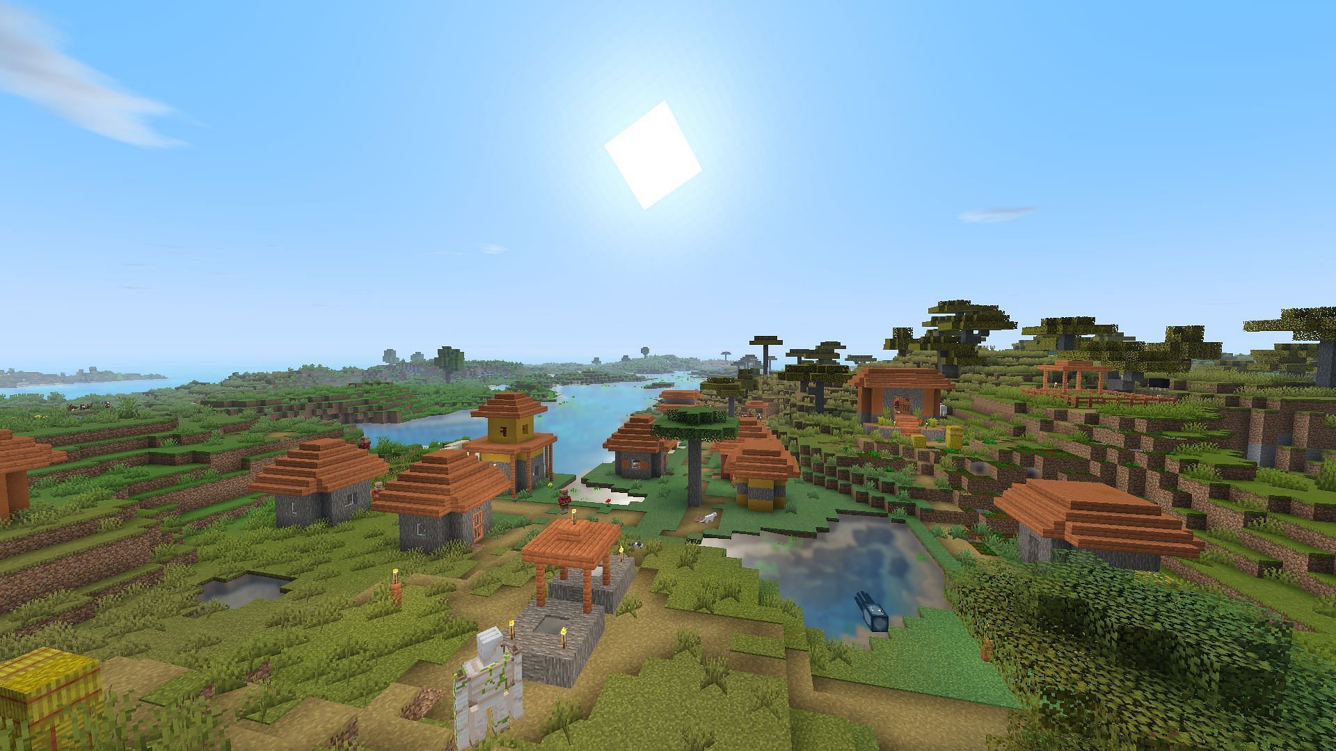 A savanna village with Builder&#039;s QOL Shaders (Image via Minecraft)