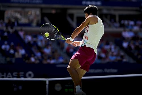 Carlos Alcaraz in action in the third round of the US Open