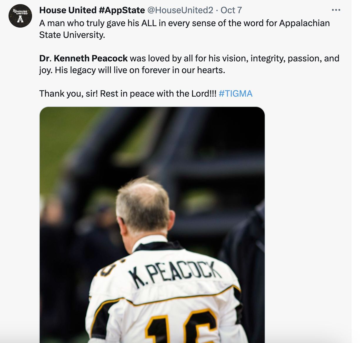 Social media users mourn the loss of Dr. Peacock, as the Former Appalachian State chancellor passes away untimely. (Image via Twitter)