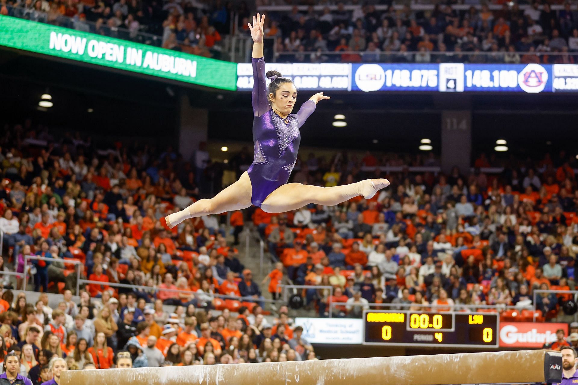 Elena Arenas of LSU competes on the balance beam during a gymnastics meet against Auburn at Neville Arena in February 2023 in Auburn, Alabama.