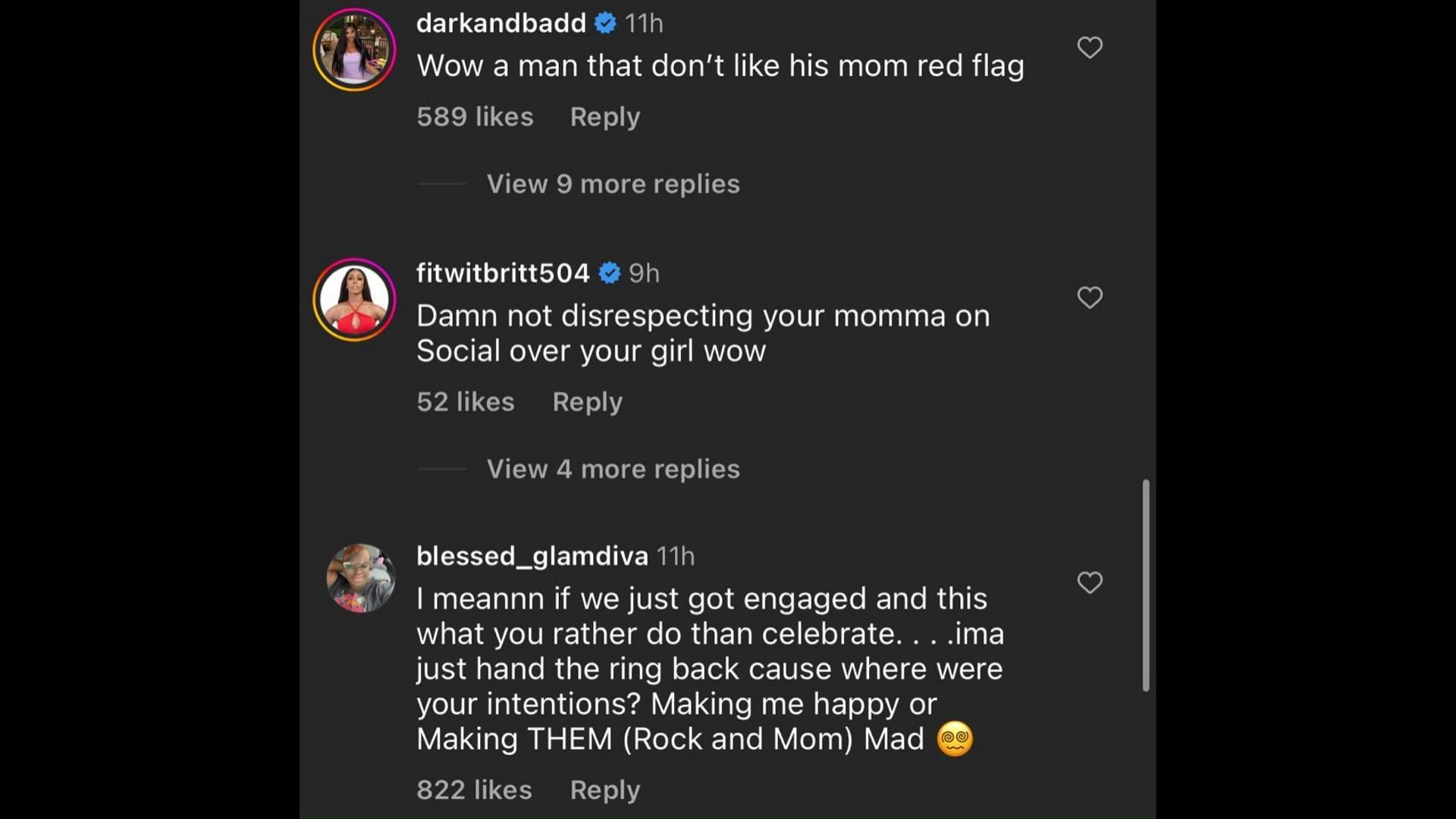 Screenshot of Internet users remarking on Blue&#039;s posts about his mother Karlissa. (Photo via @theneighborhoodtalk/Instagram)