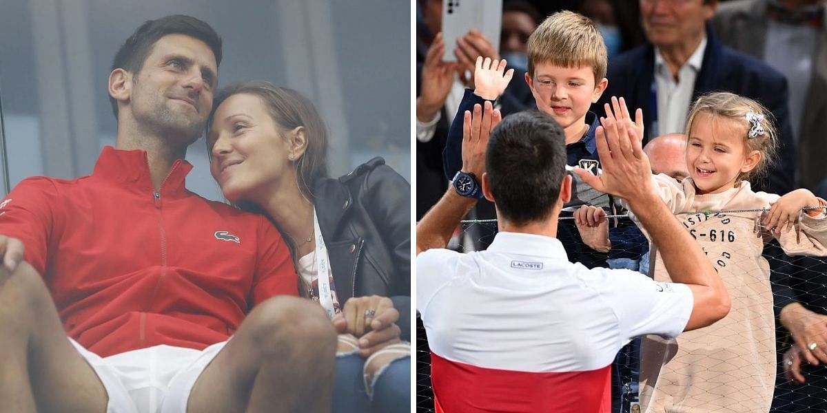 Novak Djokovic with his wife (L), celebrating with his son and daughter (R)