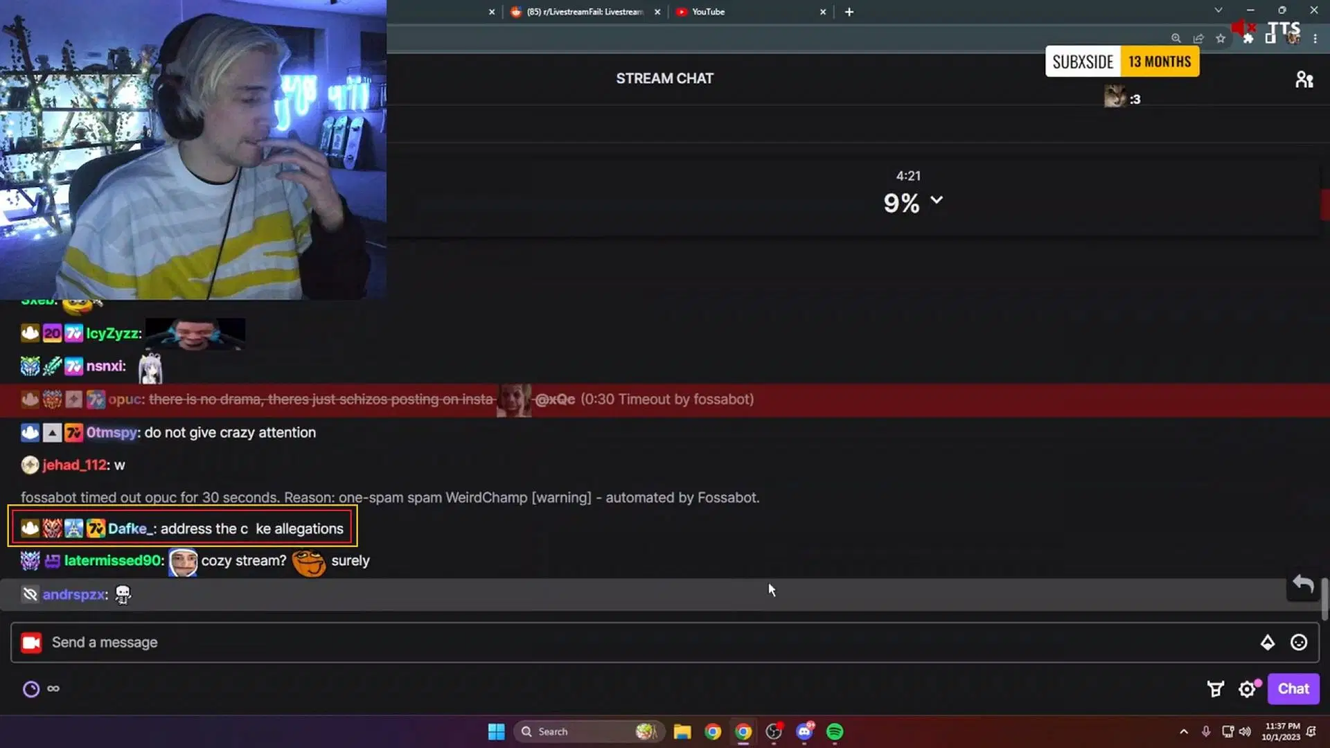 The point when the streamer&#039;s attention caught his viewer&#039;s comments (Image via Twitch)