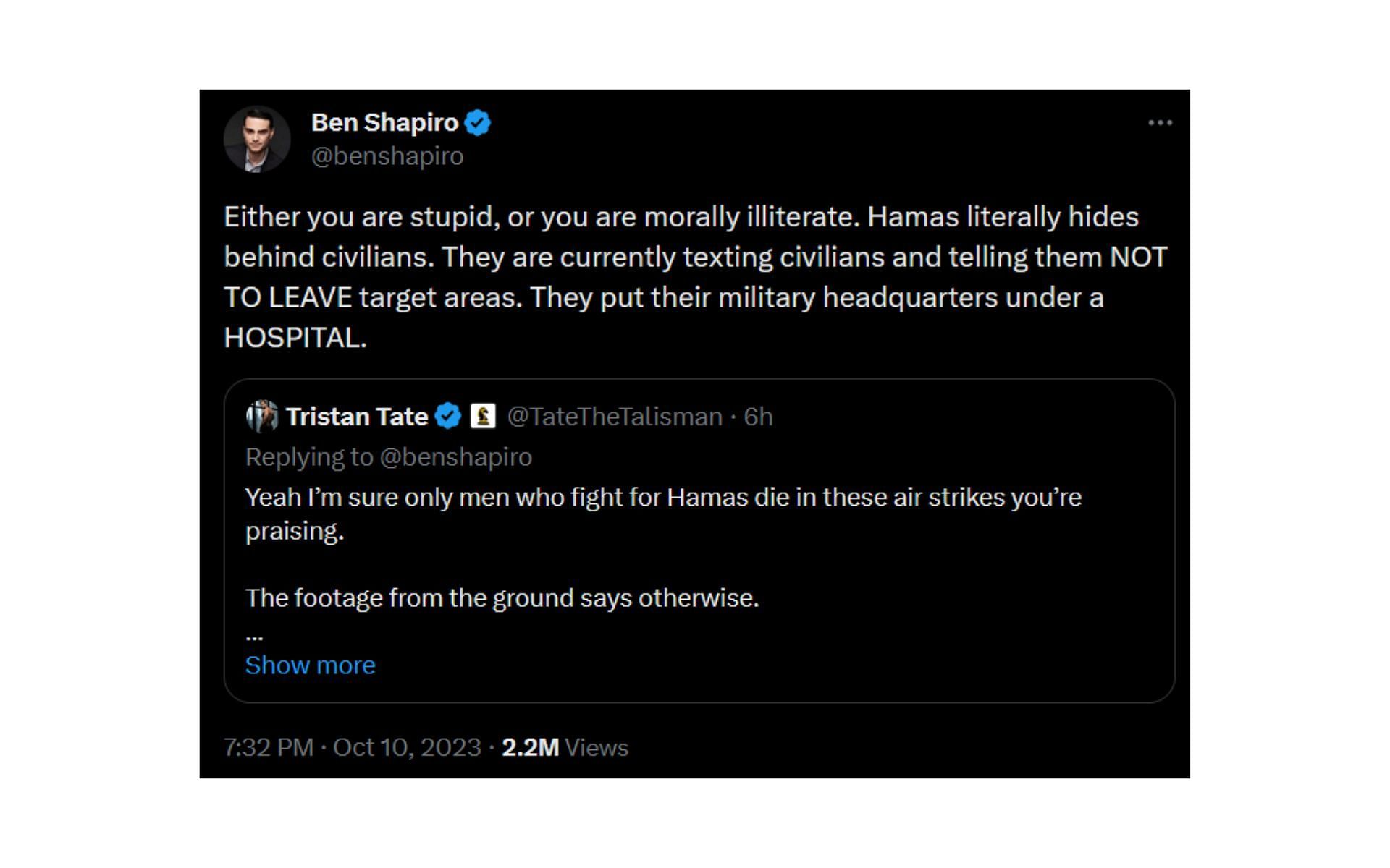 Andrew Tate & Ben Shapiro Fight on Twitter over Israel-Palestine War You  are not made for 9-5. Stop getting outworked and…