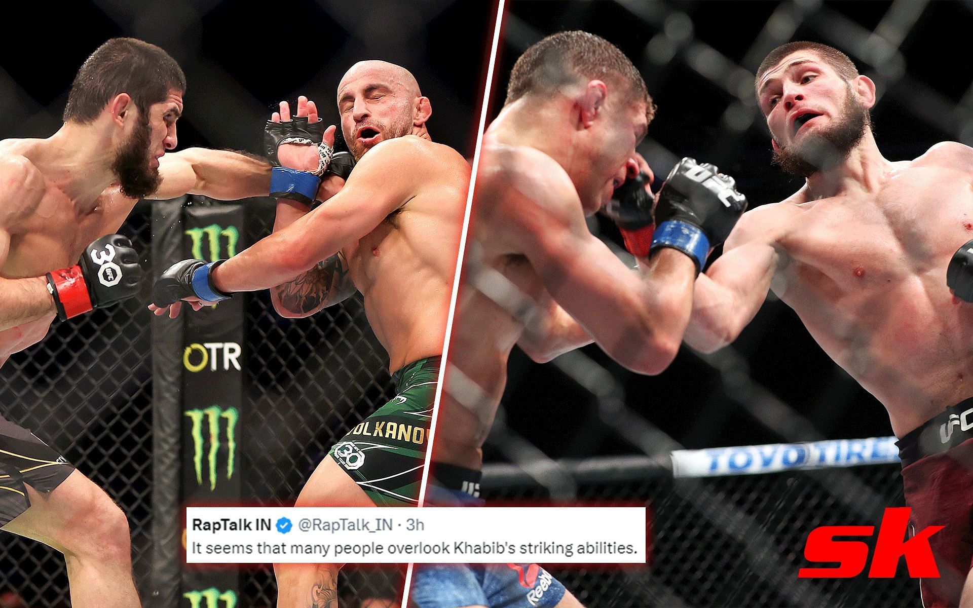 Islam Makhachev vs. Alexander Volkanovski 2 (left) and Khabib Nurmagomedov vs. Al Iaquinta (right)