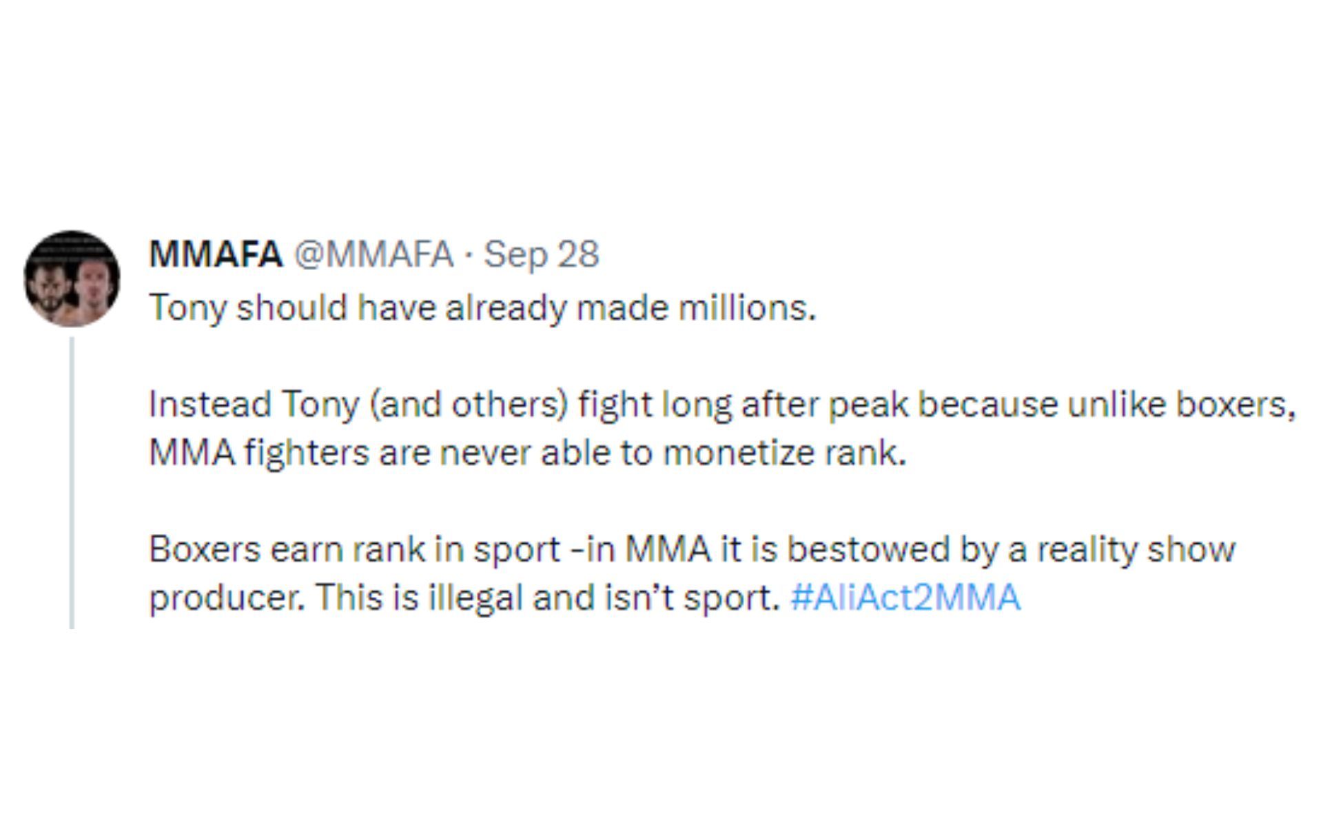 MMAFA tweet on how Tony Ferguson would benefit from the Ali Act.