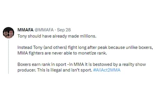 MMAFA tweet on how Tony Ferguson would benefit from the Ali Act.