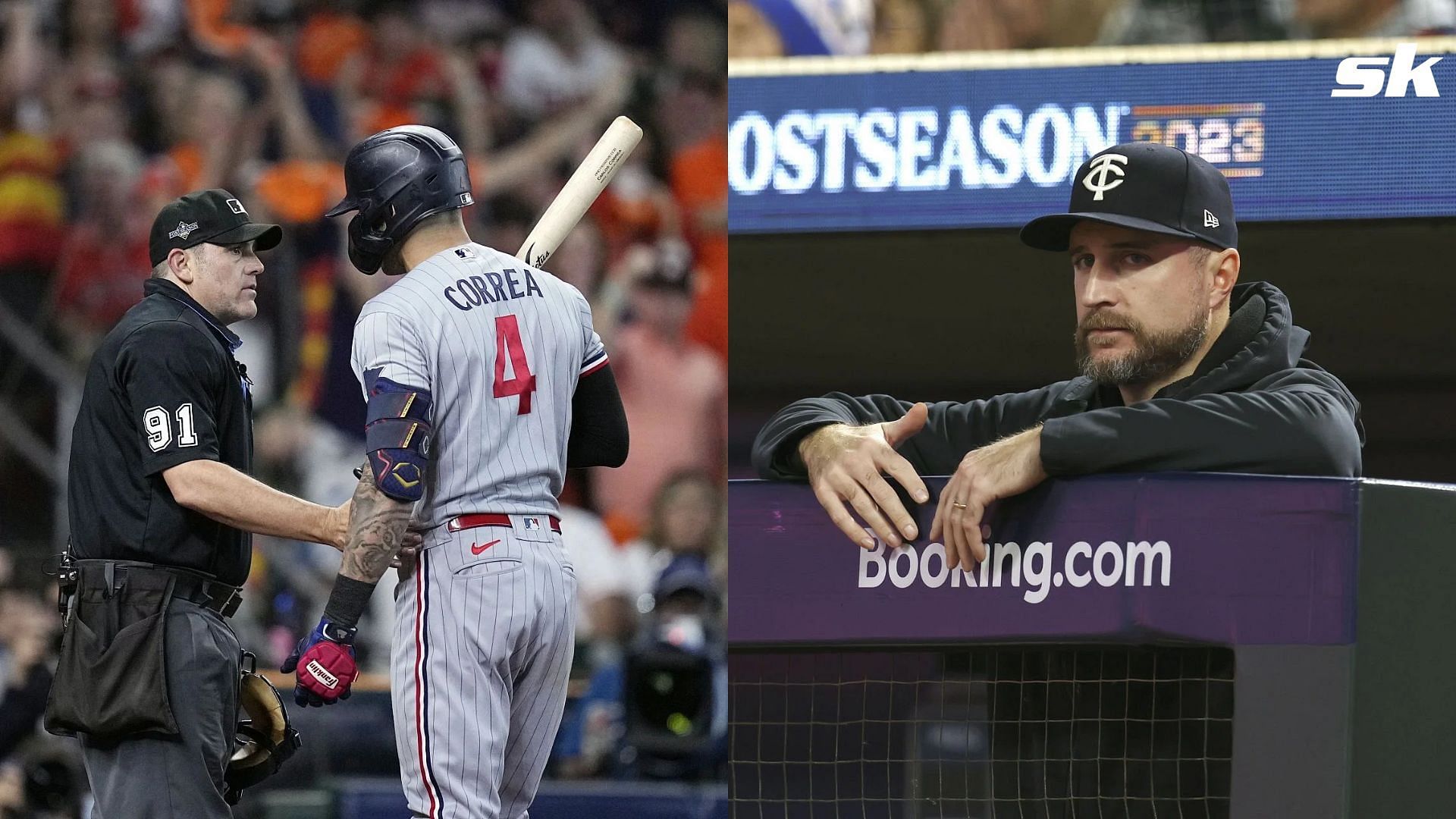 ALDS Umpire, Minnesota Twins Carlos Correa, and Manager Rocco Baldelli