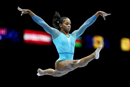 Shilese Jones competes on the balance beam during the women's qualification round at the 2023 Artistic Gymnastics World Championships in Antwerp, Belgium