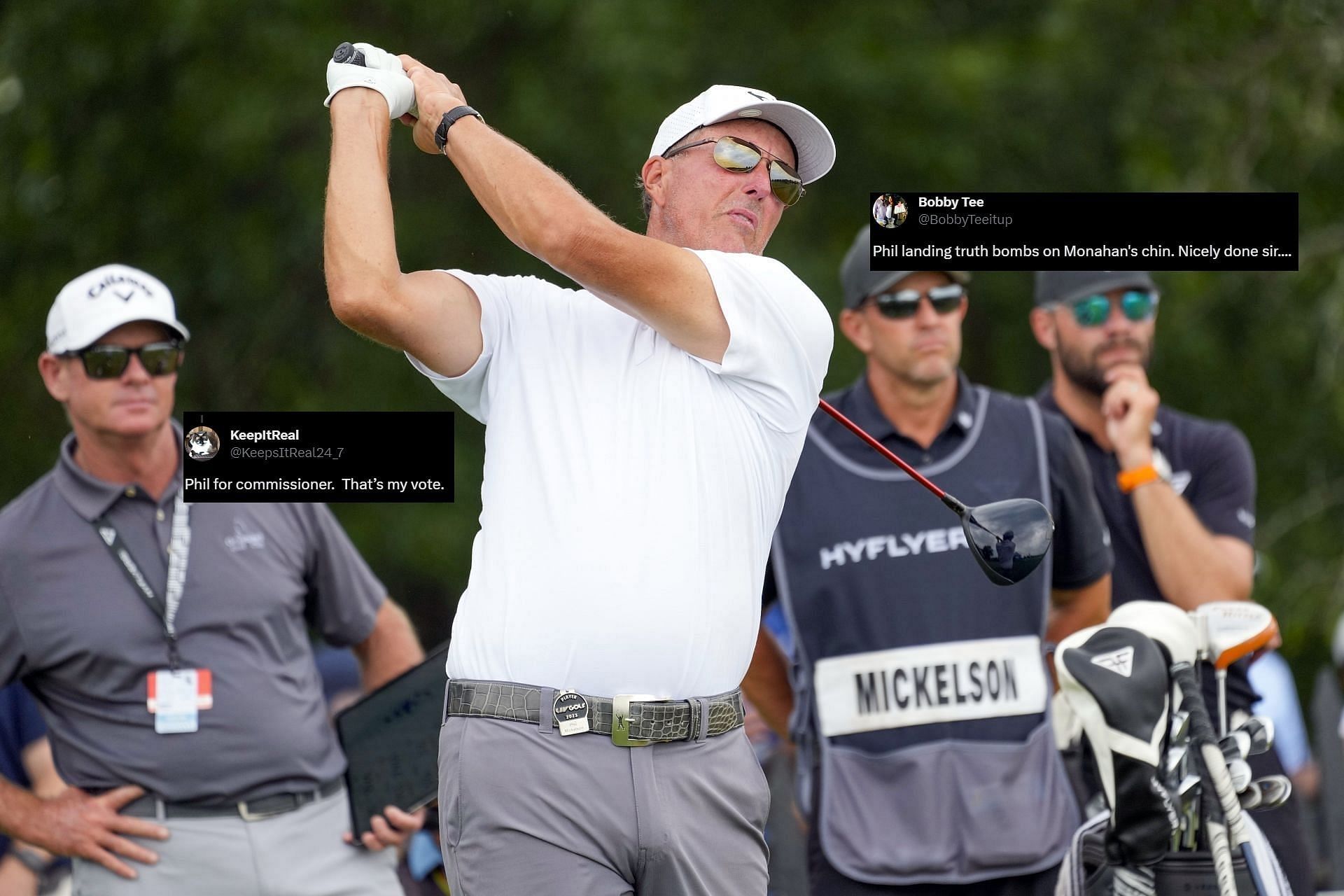 Phil Mickelson warms up during the LIV Golf Bedminster