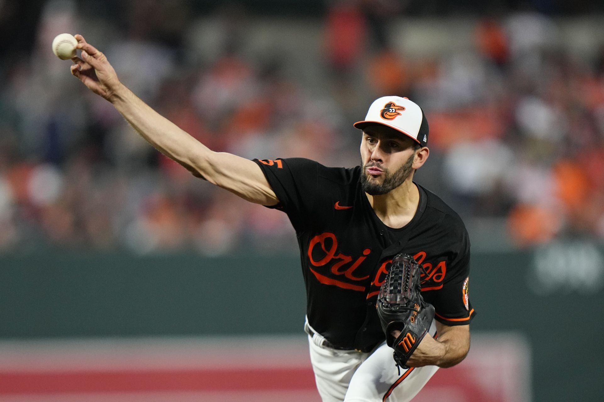 Baltimore starting pitcher Grayson Rodriguez throws to the Washington Nationals during a game in Baltimore