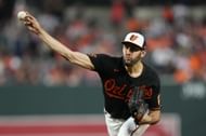 Baltimore starting pitcher Grayson Rodriguez throws to the Washington Nationals during a game in Baltimore