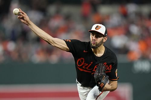 Baltimore starting pitcher Grayson Rodriguez throws to the Washington Nationals during a game in Baltimore