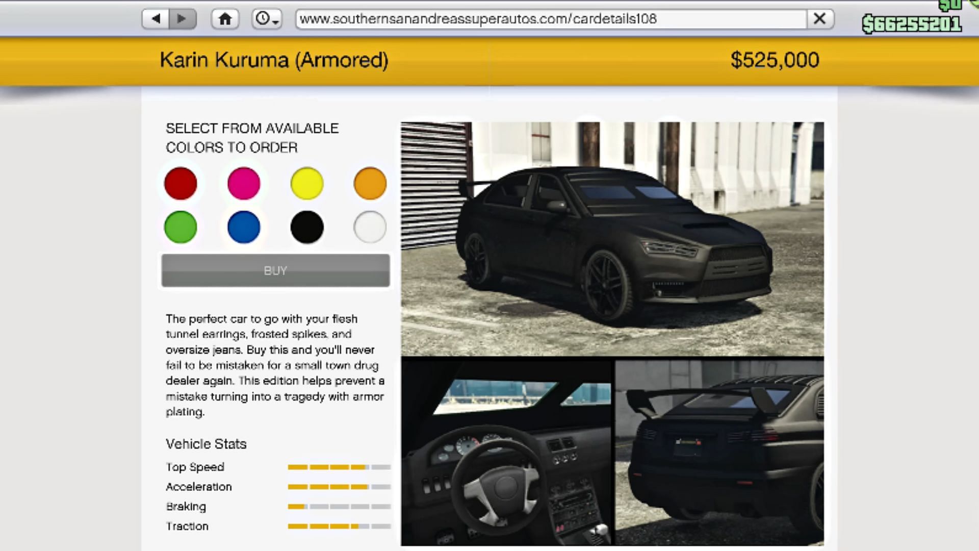 Armored Kuruma&#039;s page on Southern San Andreas Super Autos (Image via YouTube/Digital Car Addict)