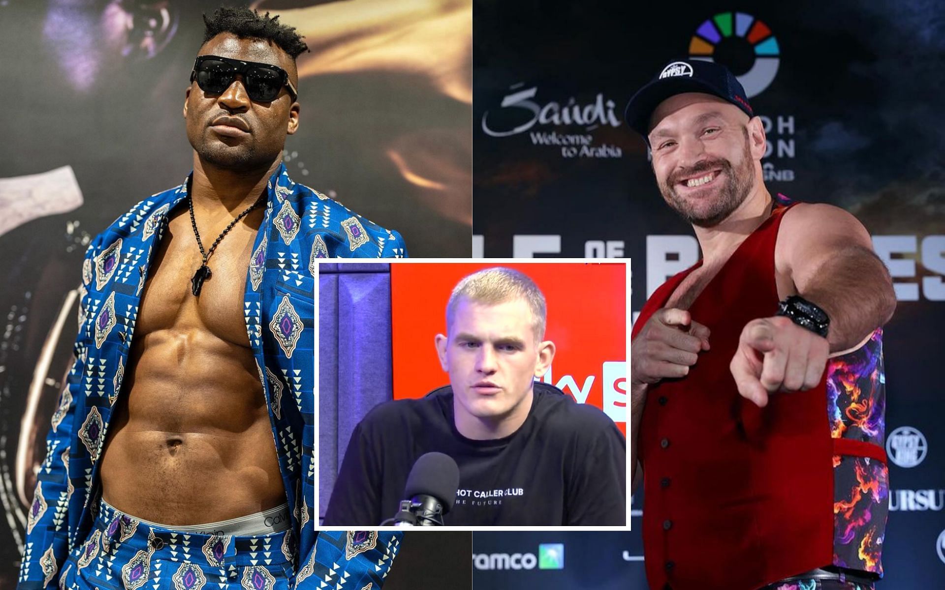 Ian Garry (center) predicts Tyson Fury (right) vs Francis Ngannou (left) [Photo Courtesy @skysports on X, @francisngannou and @tysonfury on Instagram]
