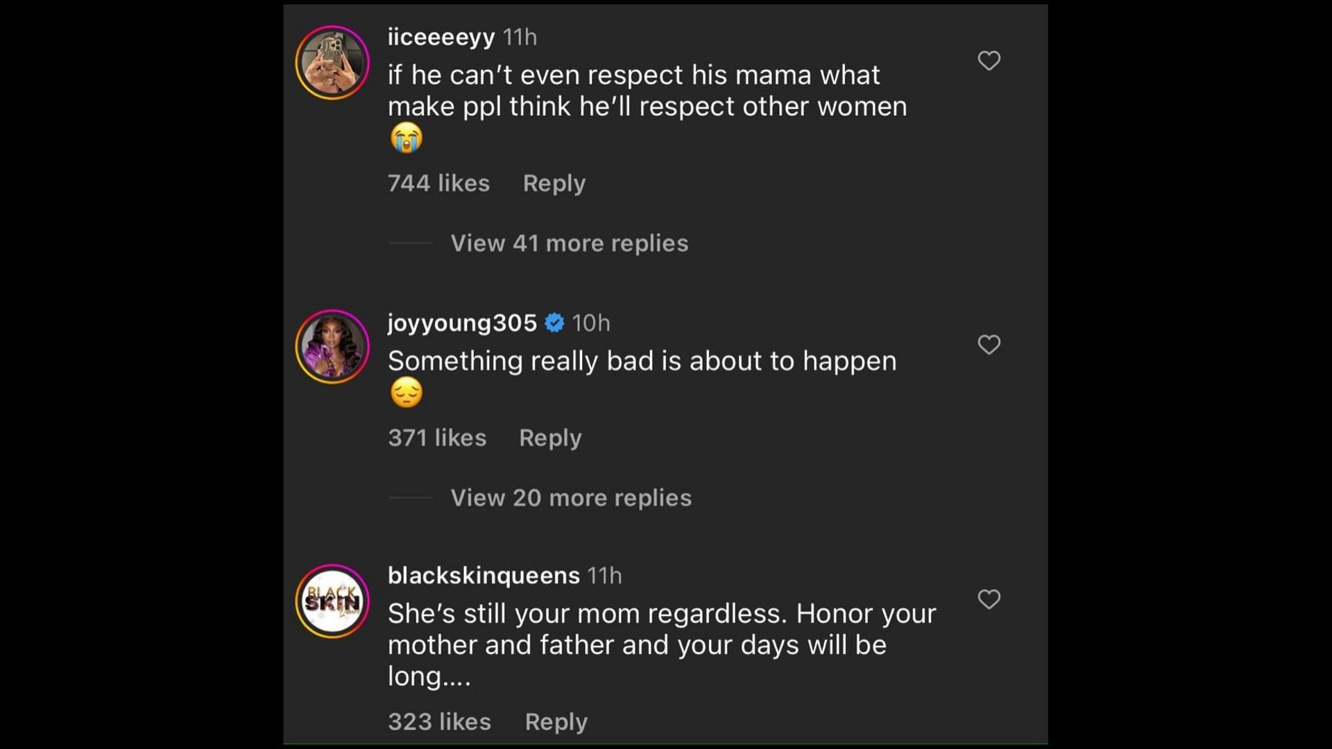 Screenshot of Internet users remarking on Blue&#039;s posts about his mother Karlissa. (Photo via @theneighborhoodtalk/Instagram)