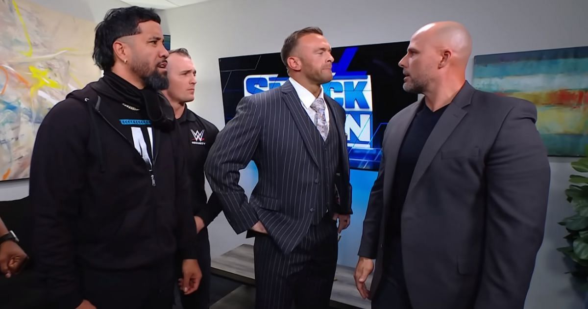 Jey Uso, Nick Aldis, and Adam Pearce on SmackDown.