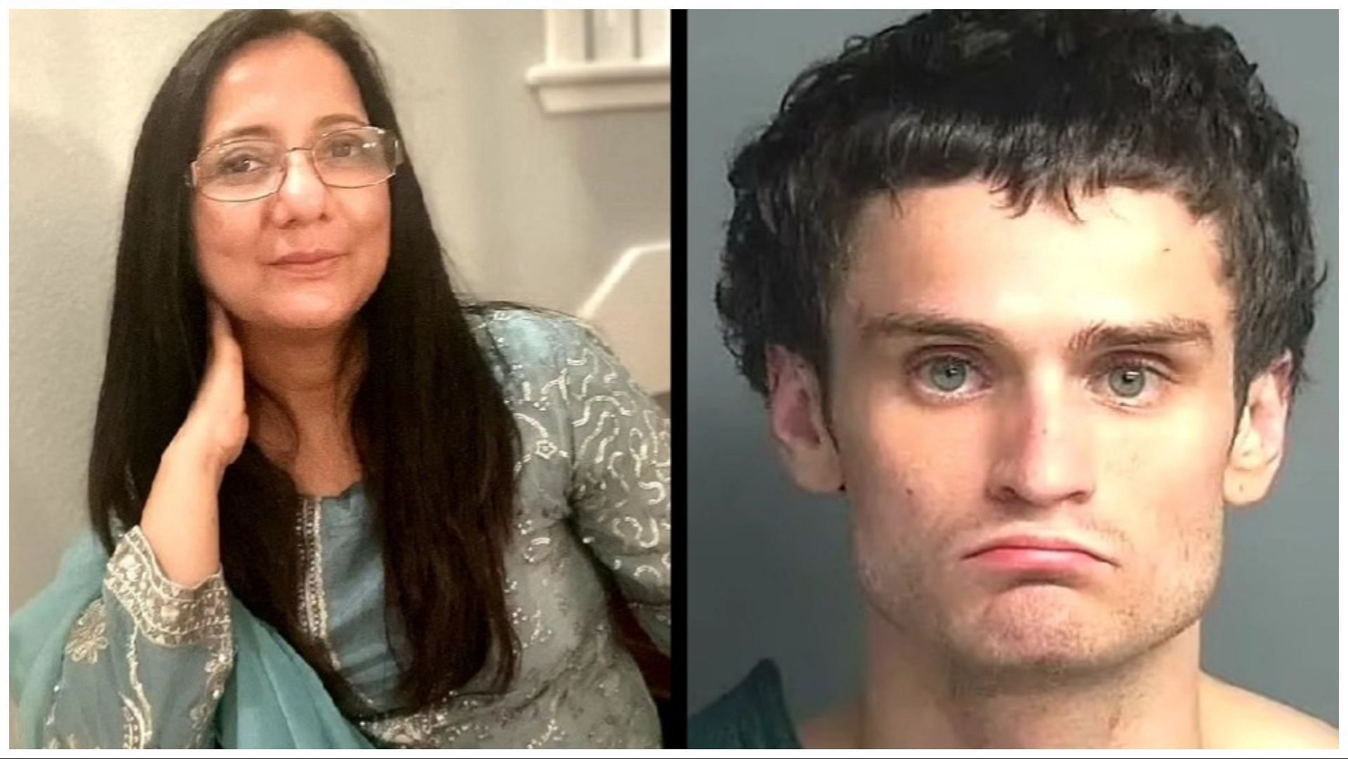 Dr. Talat Khan (left) has allegedly been stabbed to death by Miles Fridrich (right), (Images via @MonaChaudhryy/X) 