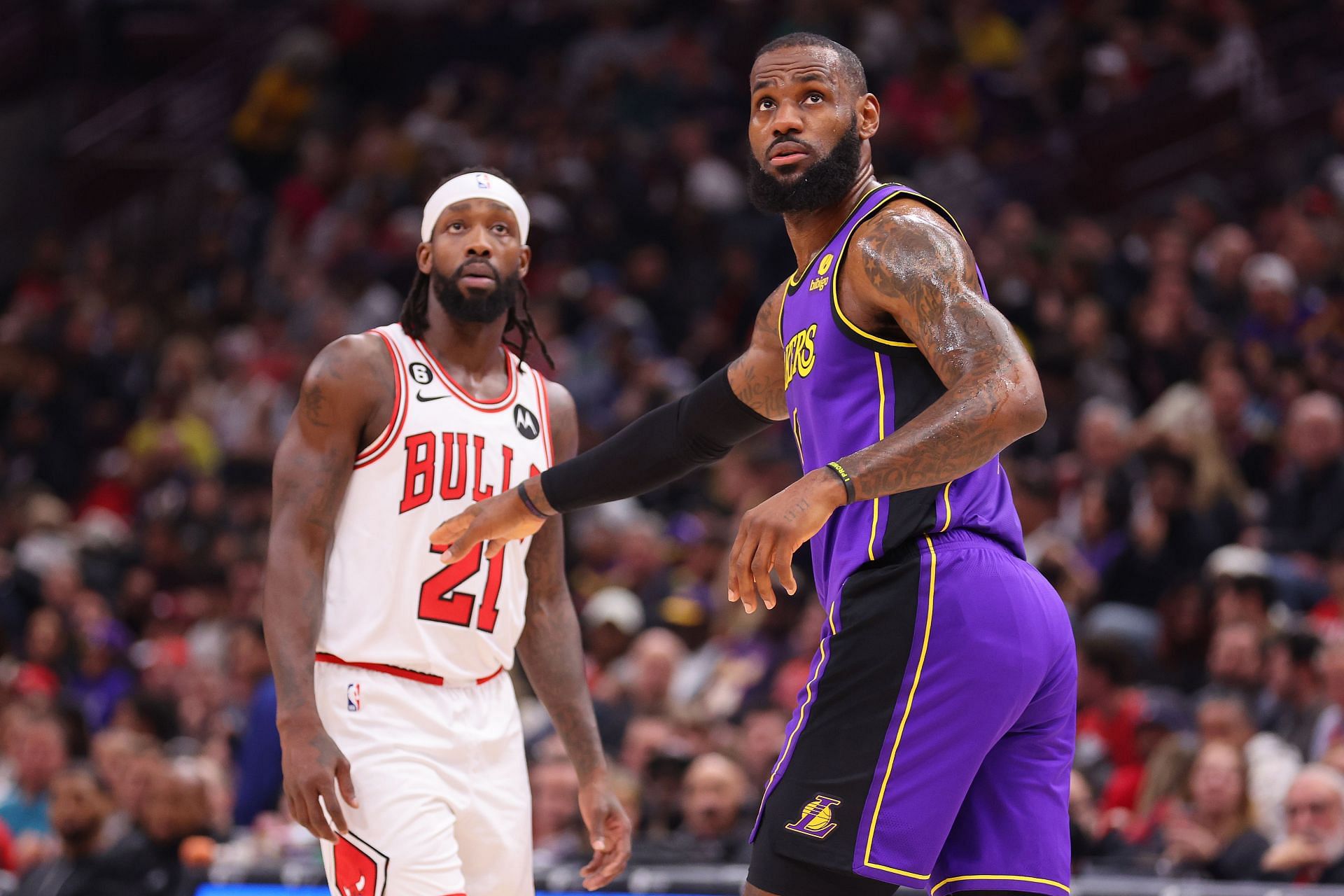 Patrick Beverley of the Chicago Bulls and LeBron James (right) of the LA Lakers in 2023