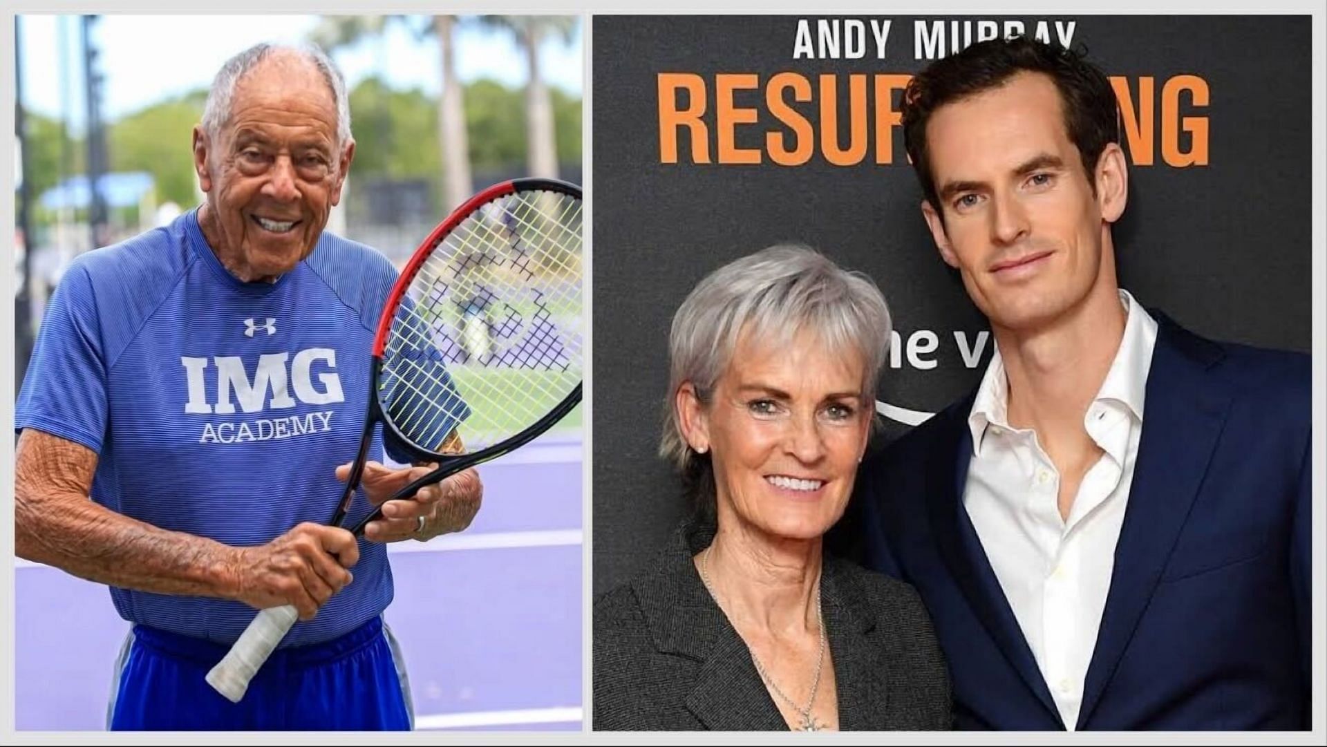 Nick Bollettieri (L) and Andy Murray with his mother Judy (R)
