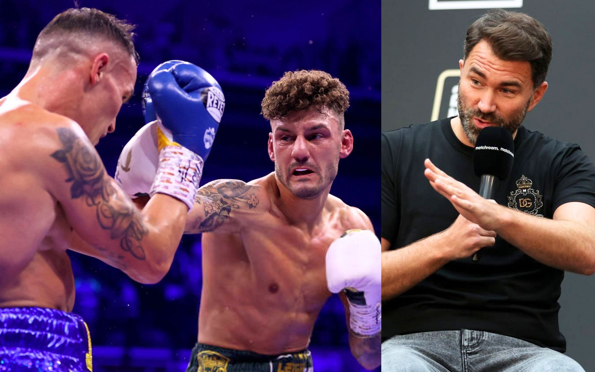 Leigh Wood vs. Josh Warrington (left) and Eddie Hearn (right) [Images Courtesy: @GettyImages]