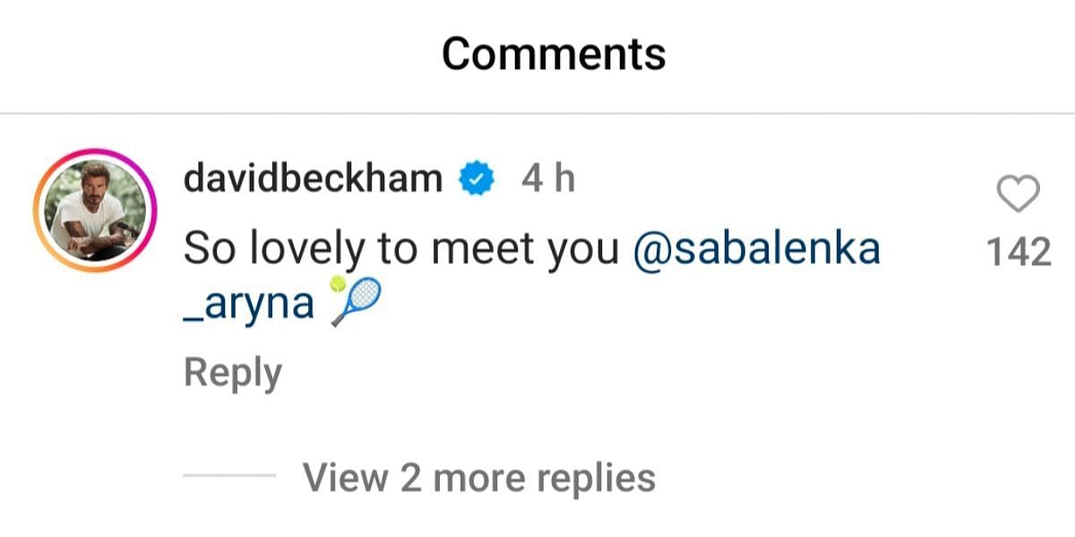 Screen grab of David Beckham&#039;s comment under Sabalenka&#039;s post