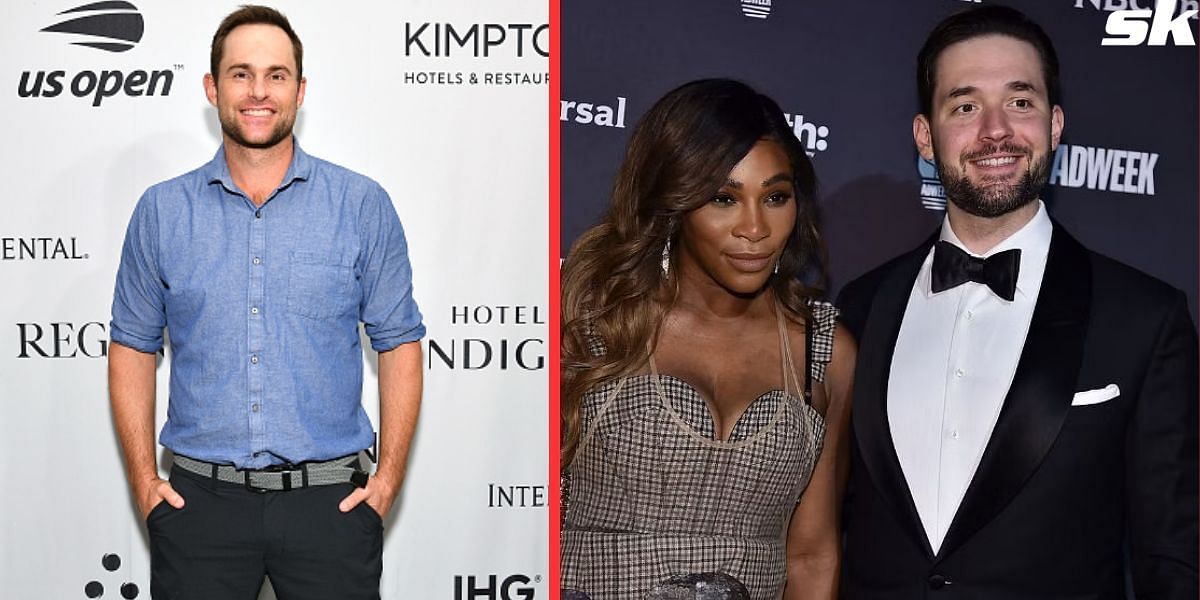 Andy Roddick (L) and Serena Williams with her husband Alexis Ohanian (R)