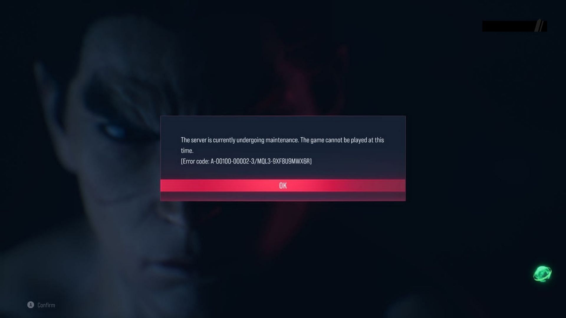 A-00100-00002-3 error code message in Tekken 8 (Image via Bandai Namco)