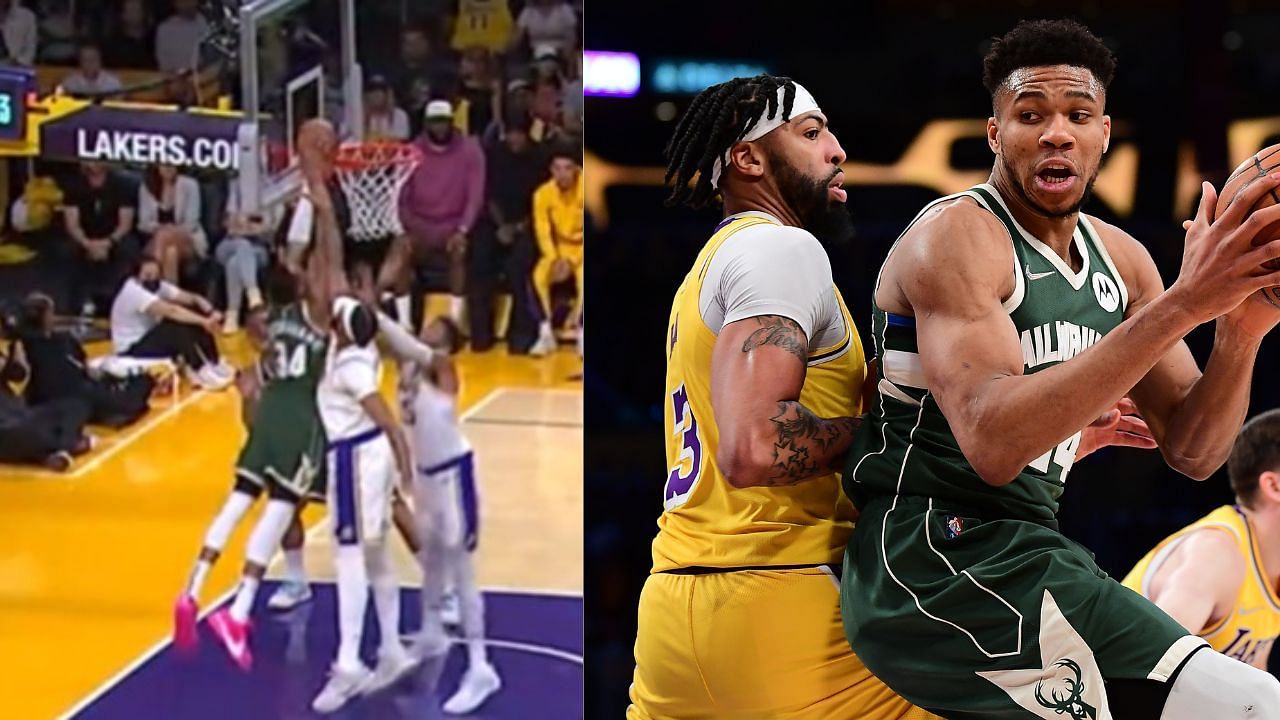 Giannis Antetokounmpo dunks over Anthony Davis in this bit of action between the Milwaukee Bucks and LA Lakers.