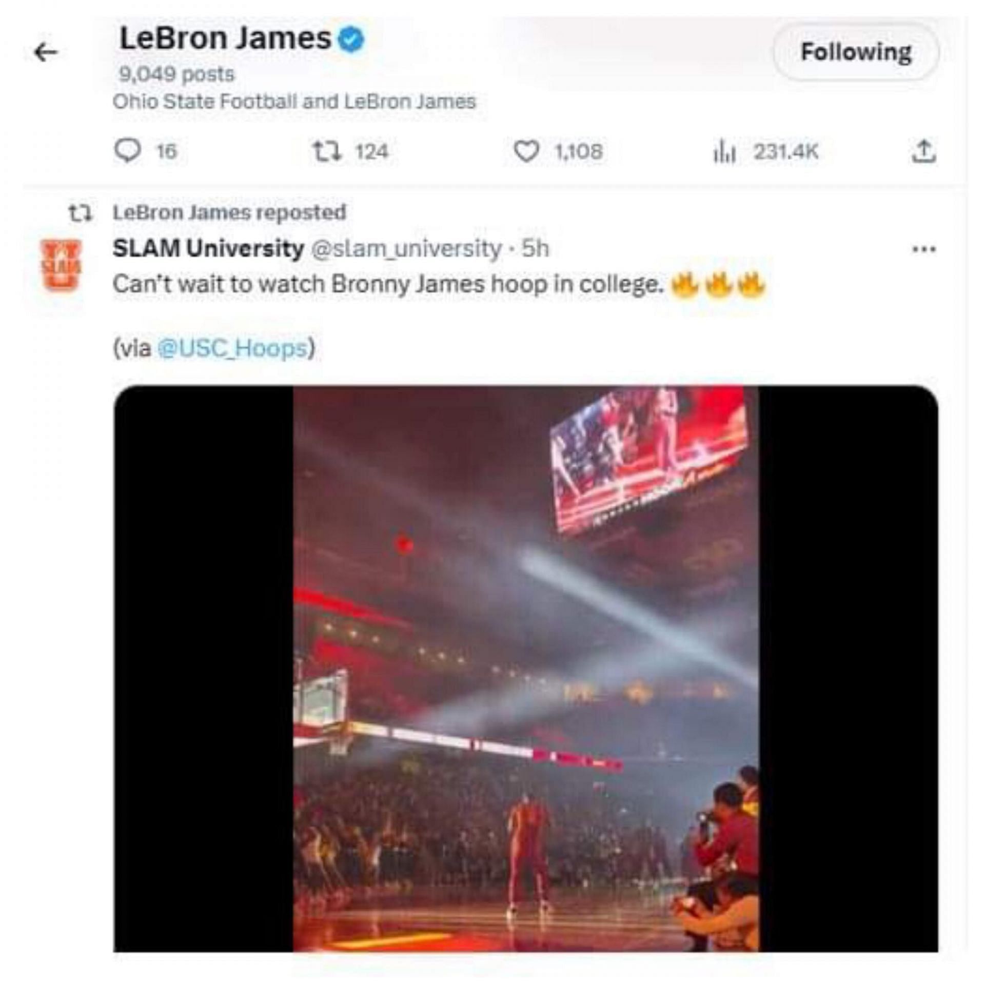 LeBron James reposted son Bronny&#039;s participation in USC&#039;s fan event.