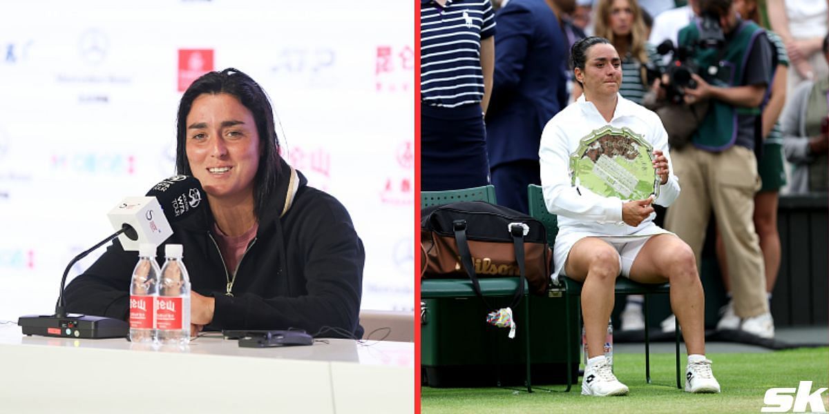 Ons Jabeur (L) and Jabeur with the Wimbledon 2023 runners-up trophy (R)