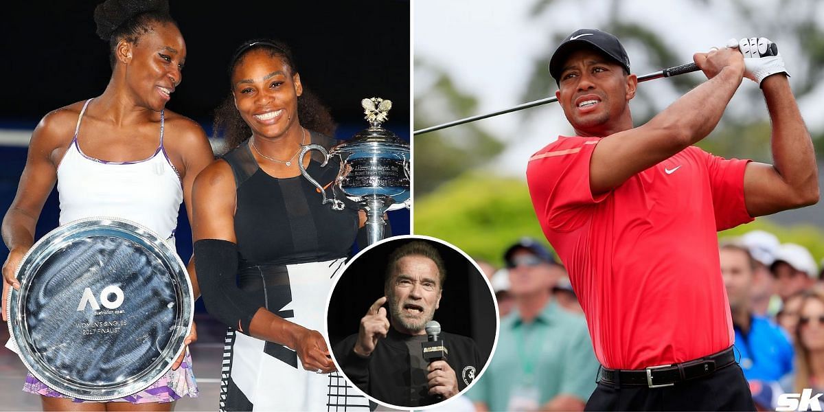 Venus and Serena Williams (L), Tiger Woods (R) and Arnold Schwarzenegger (inset)