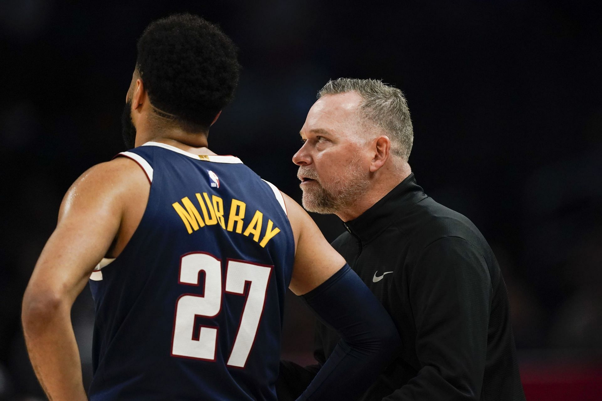 Michael Malone and Jamal Murray in a Nuggets preseason game on October 20, 2023