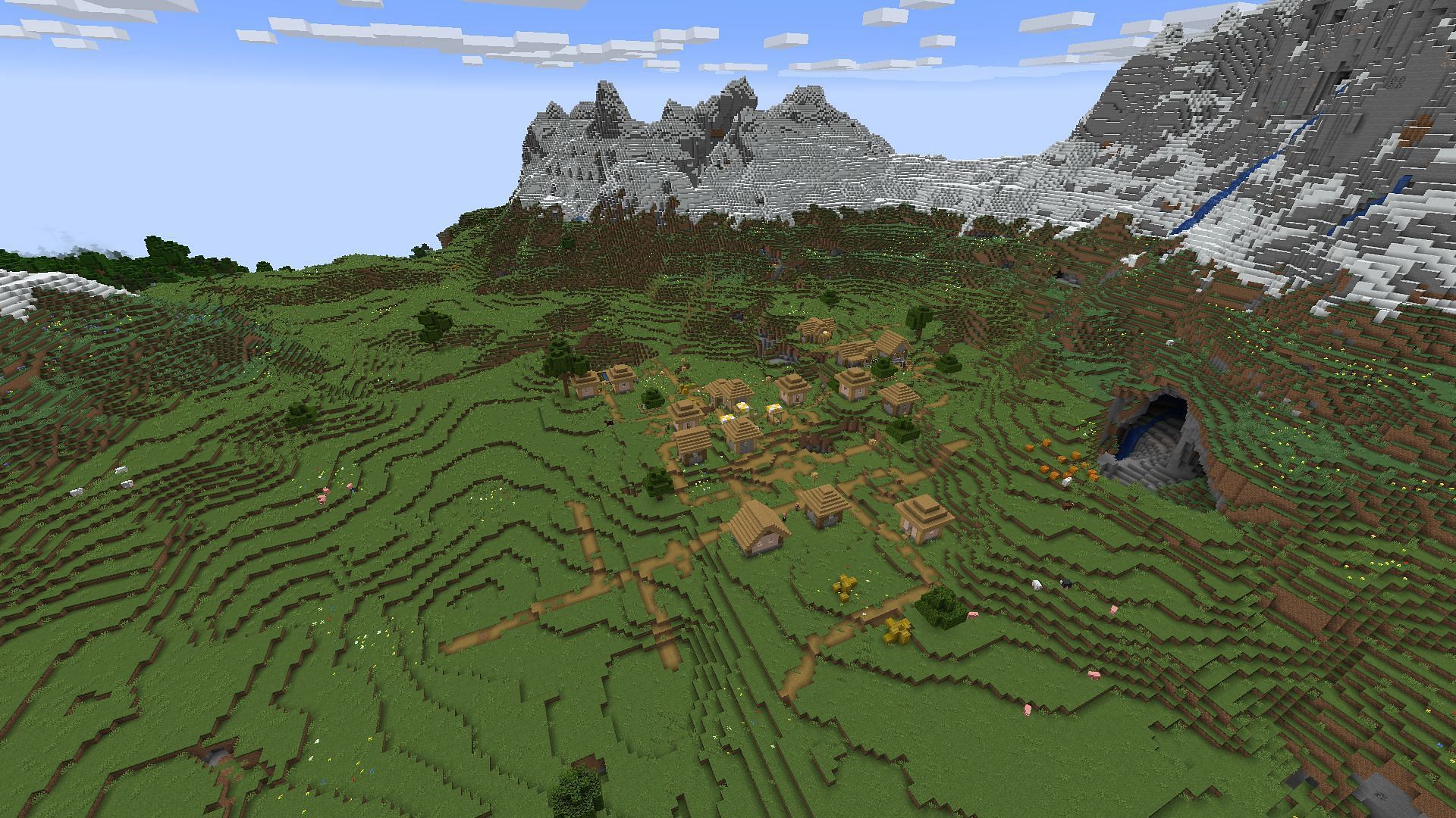 This Minecraft village is close to spawn and in a magnificent starting location (Image via Pacergramfitnesstest/Reddit)